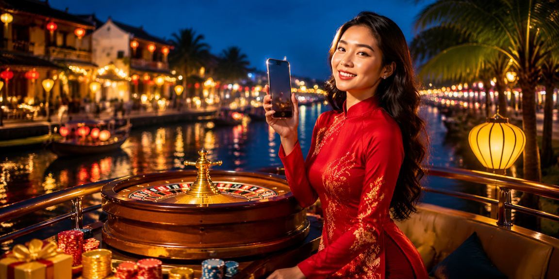 Người phụ nữ mặc áo dài tại Hội An tham gia trải nghiệm roulette trực tuyến trong không khí lễhội đèn lồng truyền thống