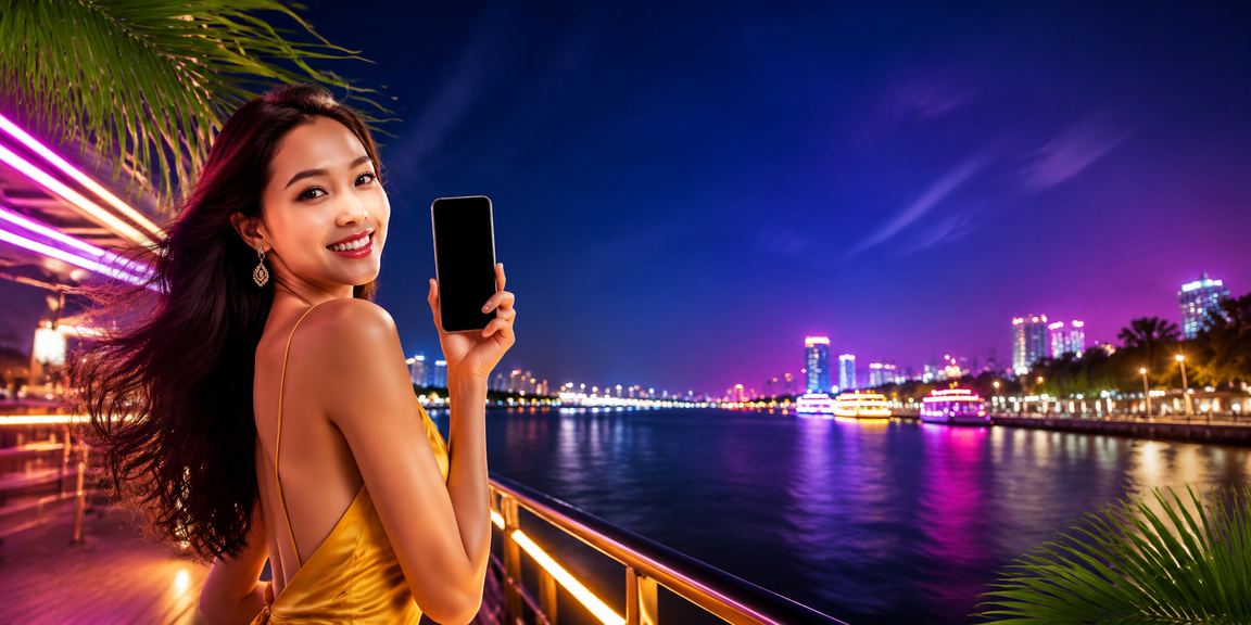 Phong bì đỏ may mắn và ánh đèn neon phản chiếu trên mặt nước sông Mekong về đêm